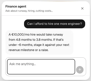 Plainhub finance agent answering whether a founder can afford one more engineer: runway falls from 4.8 to 3.8 months