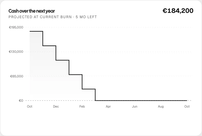 Plainhub chart of cash over the next year projected at current burn, reaching zero after about five months